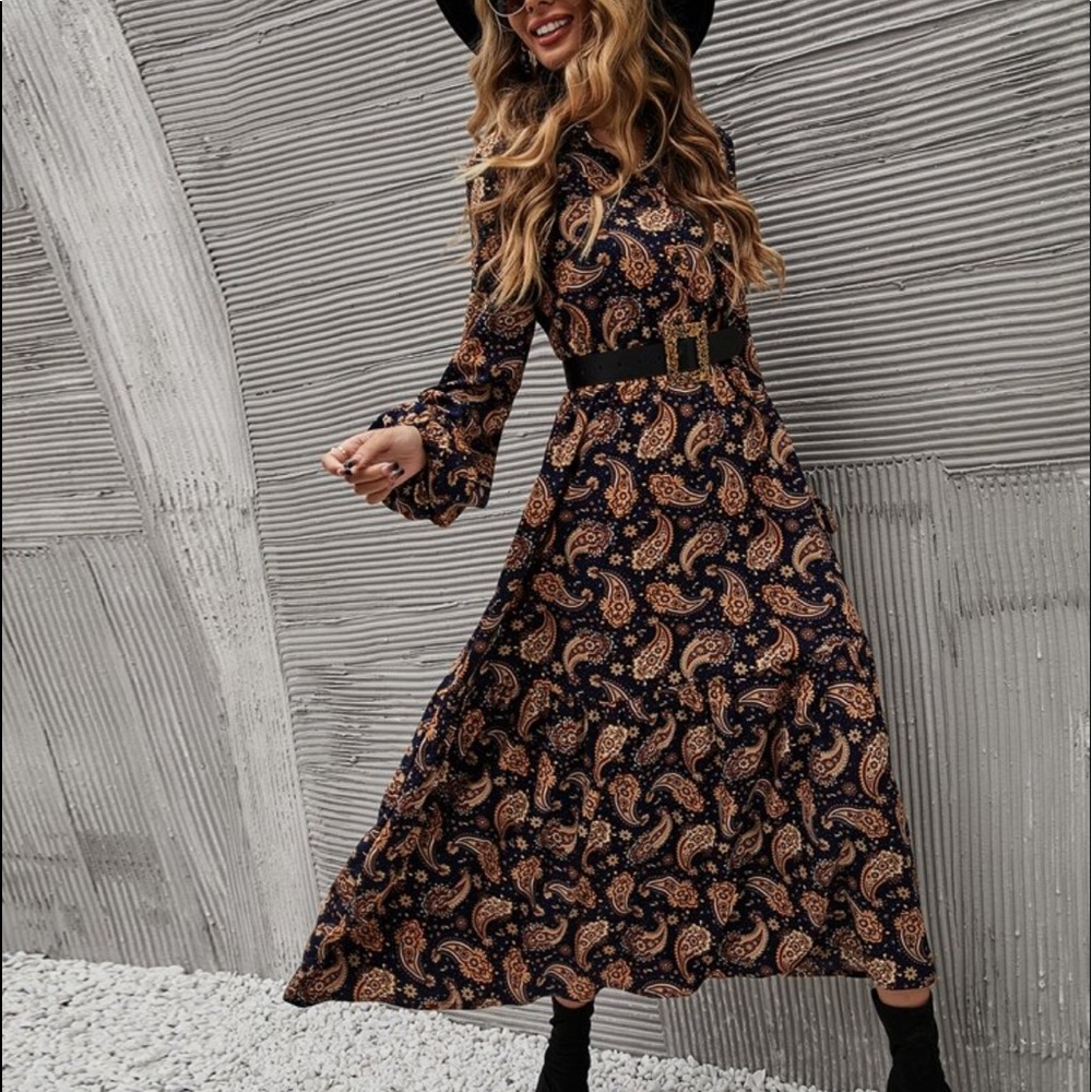 Boho Gypsy Paisley Floral Print Long Sleeve Shirt Dress Without Belt - Picture 3 of 7